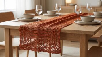 Caminho de mesa de crochê em laranja sobre mesa de madeira com louças de cerâmica neutra e taças elegantes