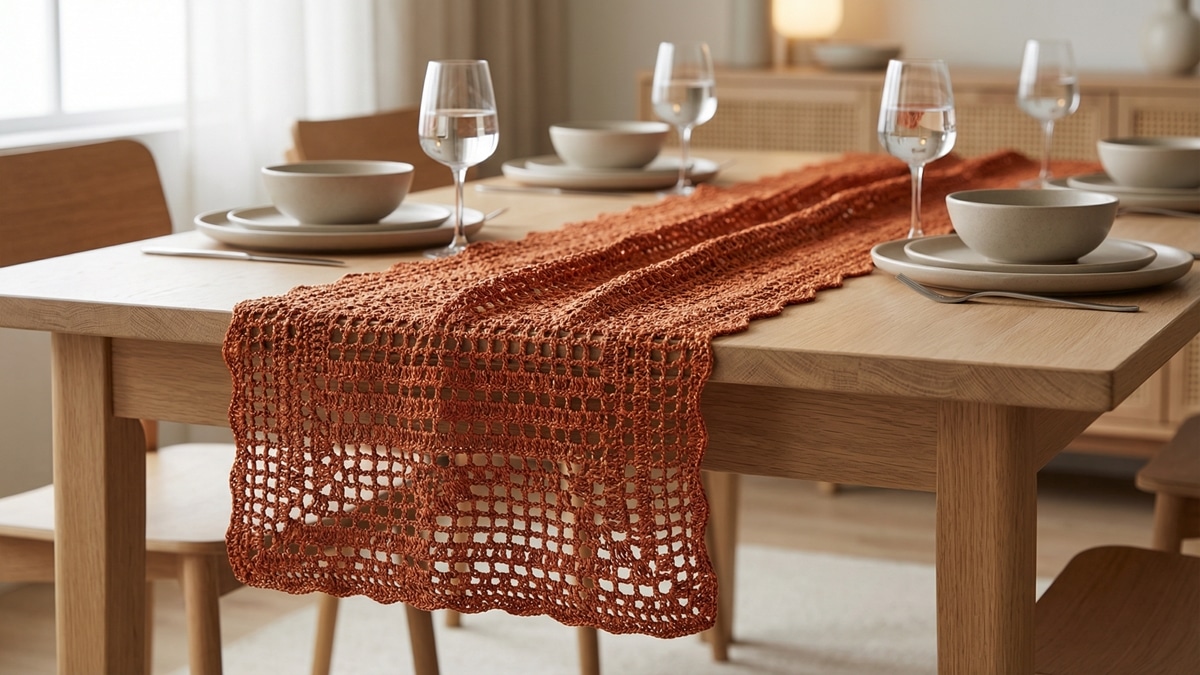 Caminho de mesa de crochê em laranja sobre mesa de madeira com louças de cerâmica neutra e taças elegantes