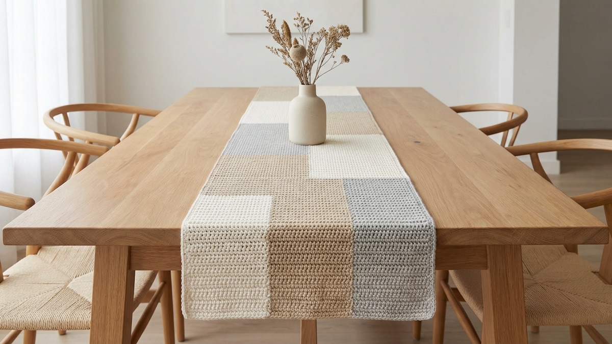Caminho de mesa de crochê geométrico em tons neutros sobre mesa de madeira com vaso