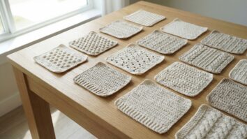 Composição de amostras de pontos de crochê em tons neutros organizadas sobre superfície clara