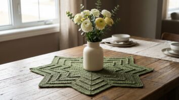 Centro de mesa em crochê verde musgo com formato estrela servindo de base para vaso com flores em ambiente elegante.