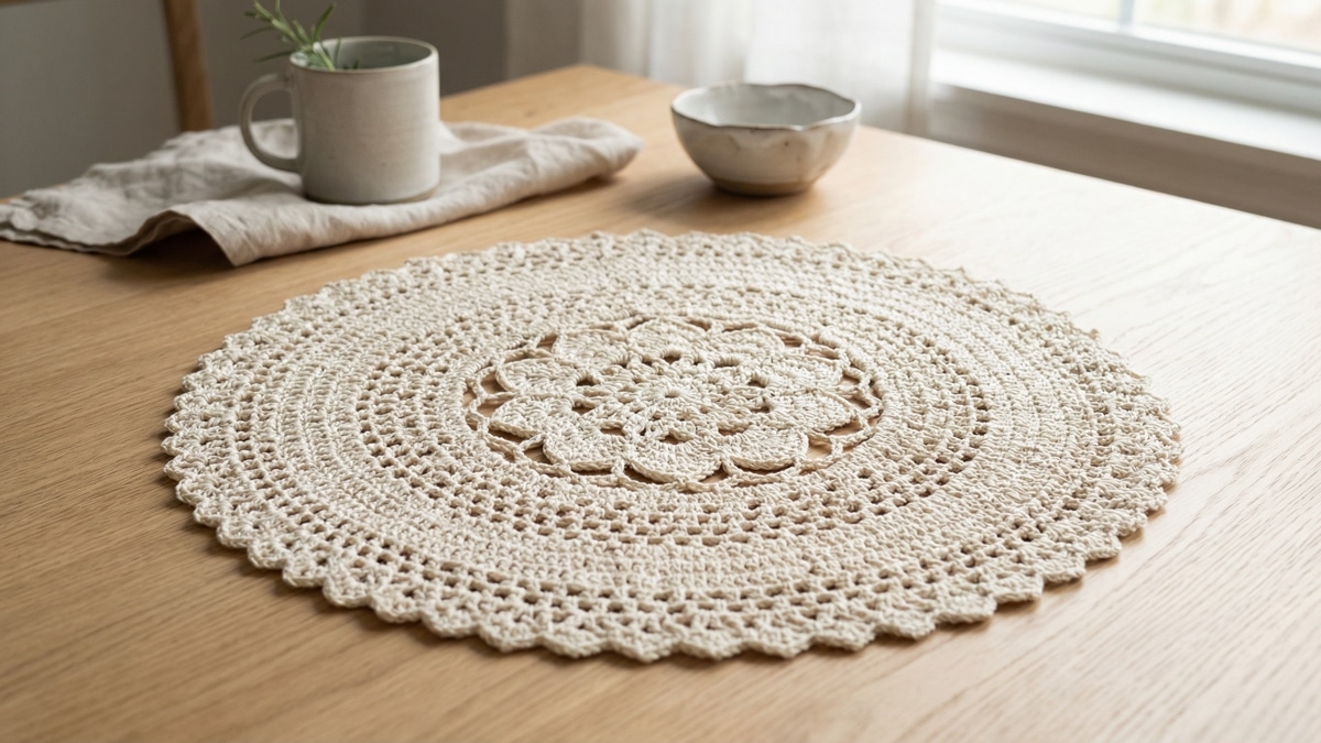 Centro de mesa circulardado artesanal em algodão cru com motivo floral nodeira clara em mesa luz natural difusa.