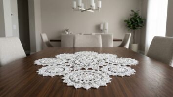 Centro de mesa deanco com mandala geométrica e pérolas sobre mesa de madeira nobre