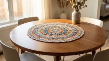 Centro de mesa em crochê formato mandala colorida sobre mesa de jantar elegante em sala contemporânea