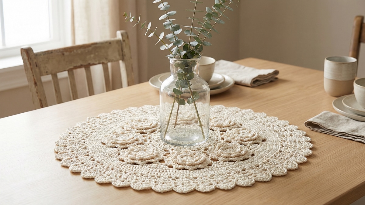 Centro de mesa de crochê redondo em tom cru com vaso de folhagens sobre mesa de jantar