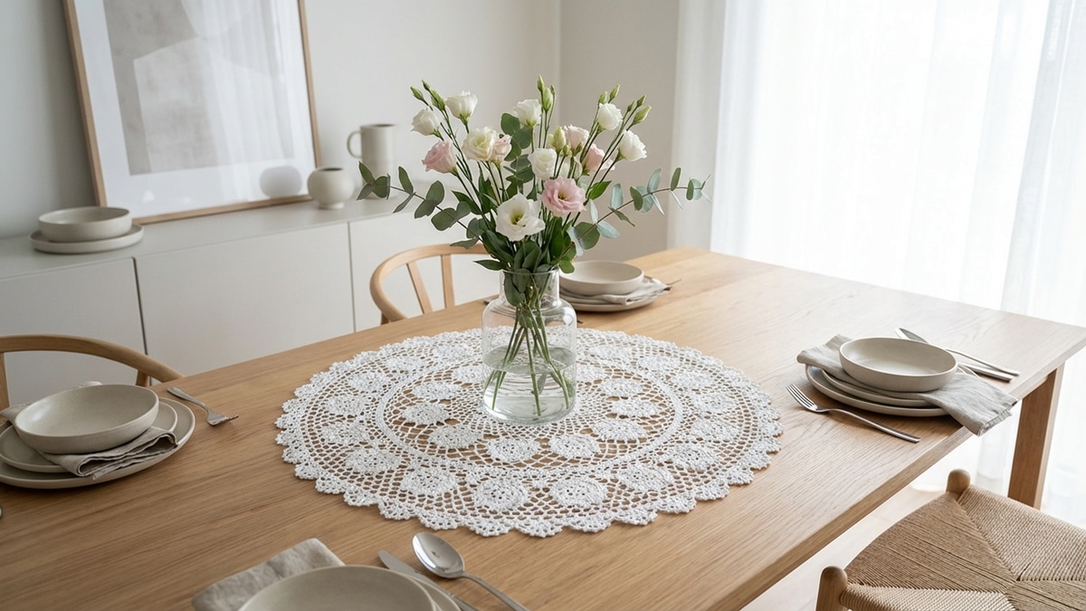 Mesa de jantar com centro de mesa em crochê branco estilo renascença, com vaso de flores claras ao centro