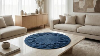 Centro de mesa de crochê azul com brilho acetinado sobre mármore em sala contemporânea elegante