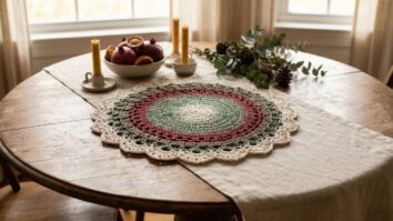 Centro de mesa de crochê em tons festivos sobre mesa decorada para fim de ano