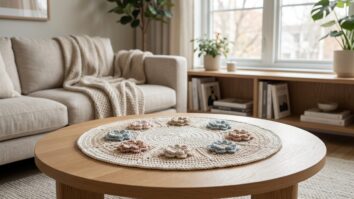 Centro de mesa redondo de crochê com flores em relevo sobre mesa