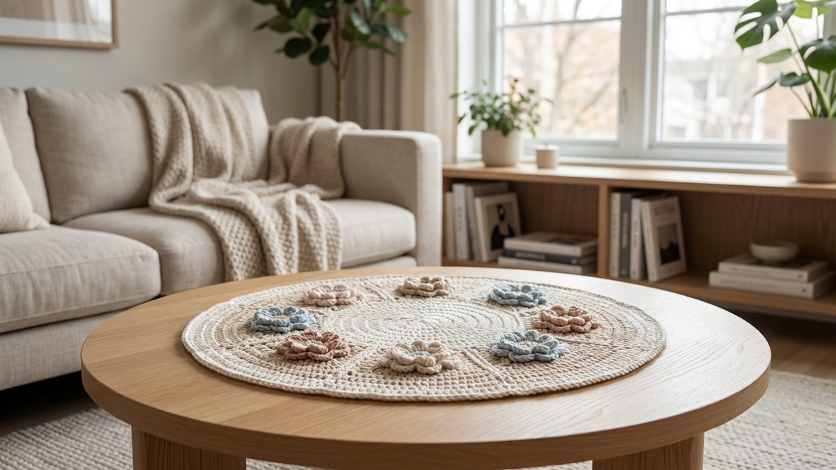Centro de mesa redondo de crochê com flores em relevo sobre mesa