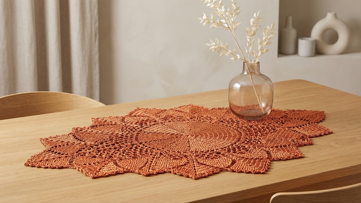 Centro de mesa de crochê laranja sobre mesa elegante com arranjo floral discreto