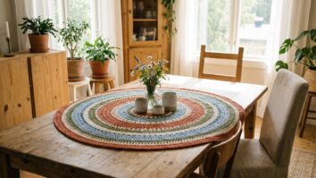 Mesa de jantar com centro de mesa em crochê mandala colorida e vaso de flores