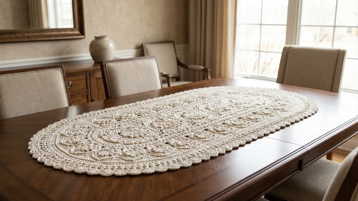 Sala de jantar elegante com centro de mesa oval de crochê off-white sobre mesa de madeira