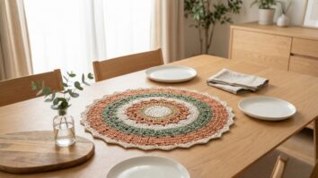 Centro de mesa de crochê em paleta natural sobre mesa de jantar com louça minimalista