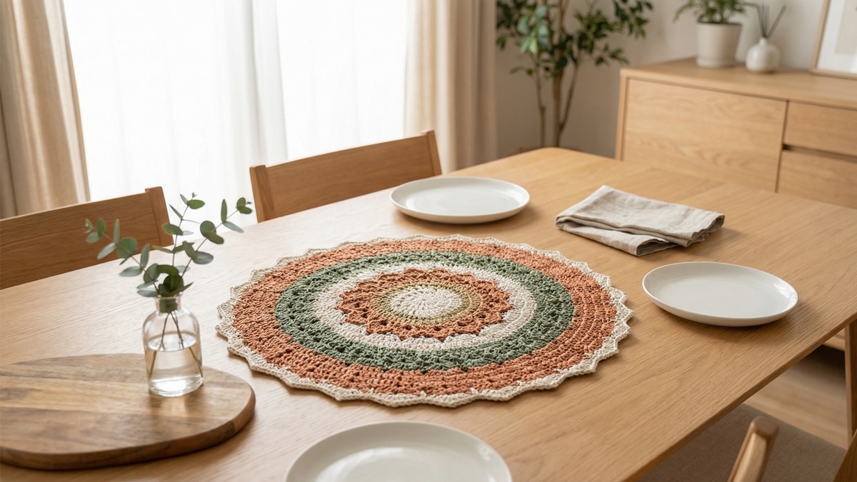 Centro de mesa de crochê em paleta natural sobre mesa de jantar com louça minimalista