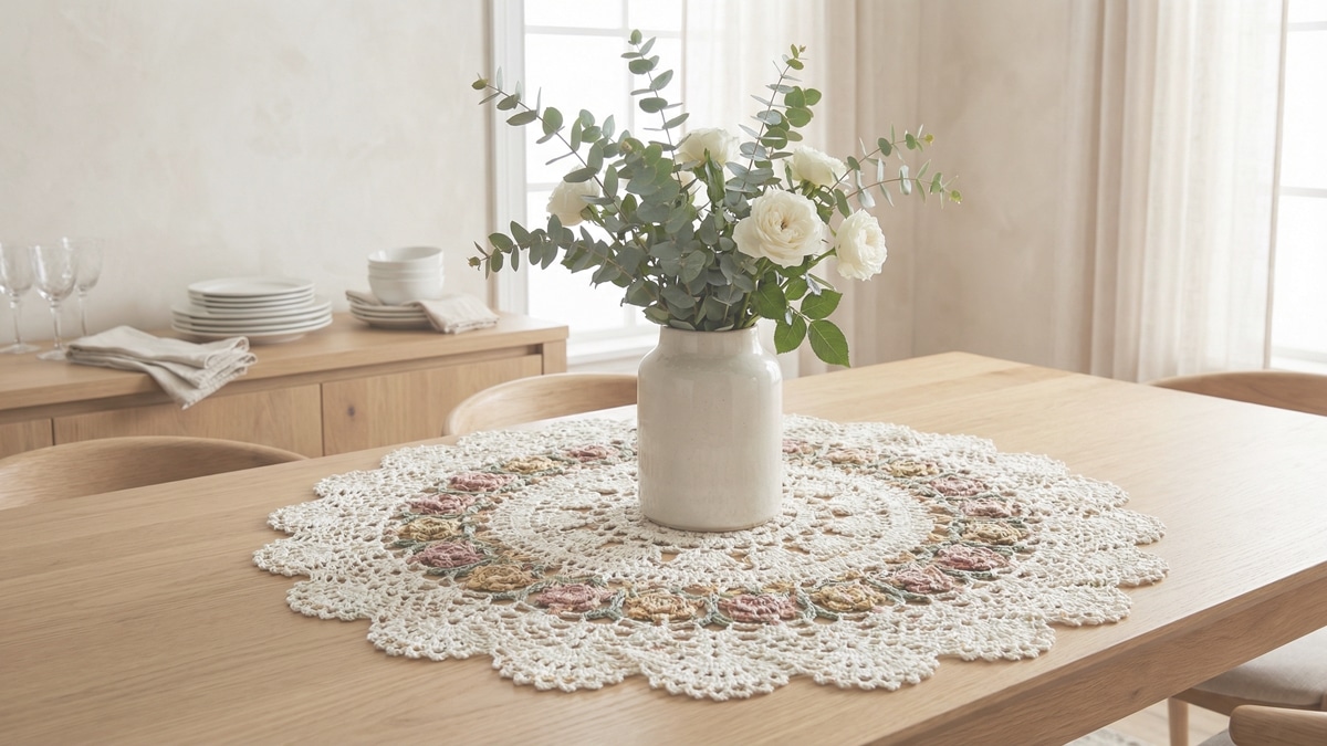 Mesa de jantar com centro de mesa em crochê rendado cru sob vaso alto com flores em ambiente aconchegante