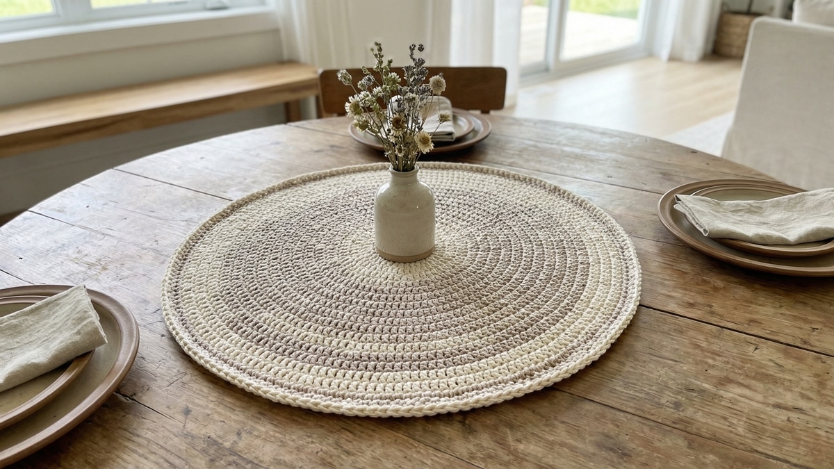 Centro de mesa redondo de crochê em tons terrosos sobre mesa redonda rústica