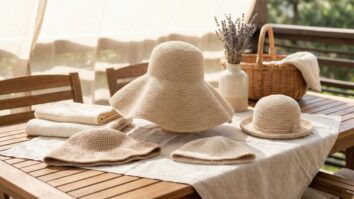 Mulher sorrindo com chapéus de crochê floppy hat de aba larga em tons bege sobre mesa clara