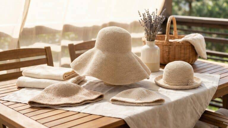 Mulher sorrindo com chapéus de crochê floppy hat de aba larga em tons bege sobre mesa clara