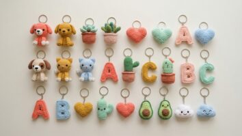 Coleção variada de chaveiros de crochê (animais, plantas, letras) em flat lay sobre fundo claro.