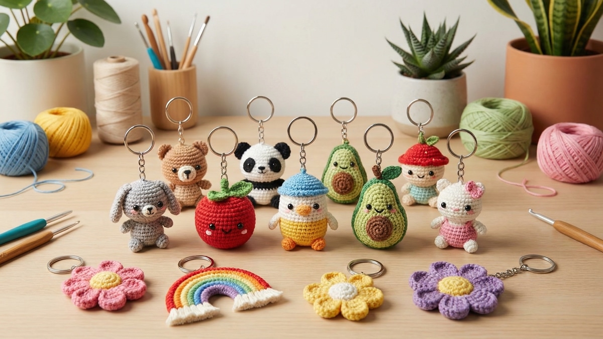 Chaveiros de crochê amigurumi coloridos dispostos sobre superfície de madeira clara