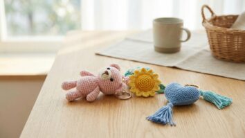 Chaveiros de crochê coloridos em formatos variados sobre madeira clara, estilo artesanal alegre