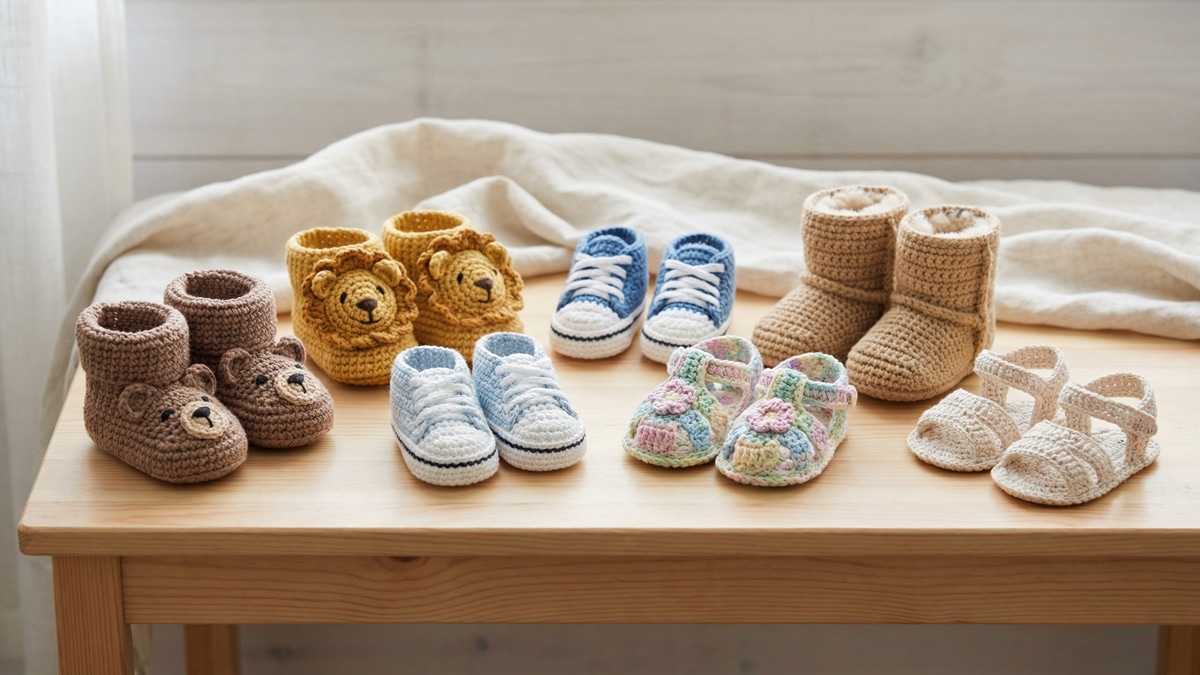 Coleção variada de sapatinhos de crochê para bebê sobre mesa, incluindo temas de bichinhos, tênis e botinhas.