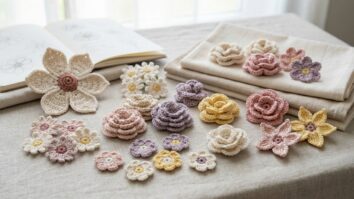 Coleção de flores de crochê delicadas em tons pastéis organizadas em superfície de estúdio clara