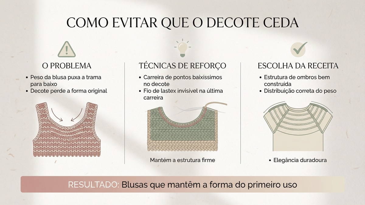 Infográfico sobre técnicas para evitar que decotes de blusas de crochê cedam e percam a forma