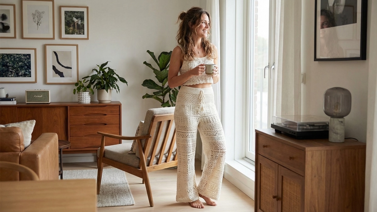 Mulher sorrindo em look completo com conjunto de crochê artesanal: top cropped e calça pantalona em fio de algodão com padrões criativos, em ambiente moderno iluminado.