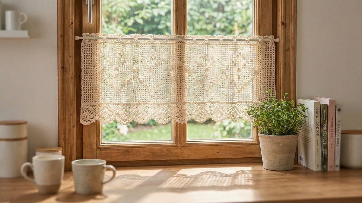 Mandala de crochê decorativa em tons cru com detalhes amarelo turquesa e coral pendurada em parede neutra