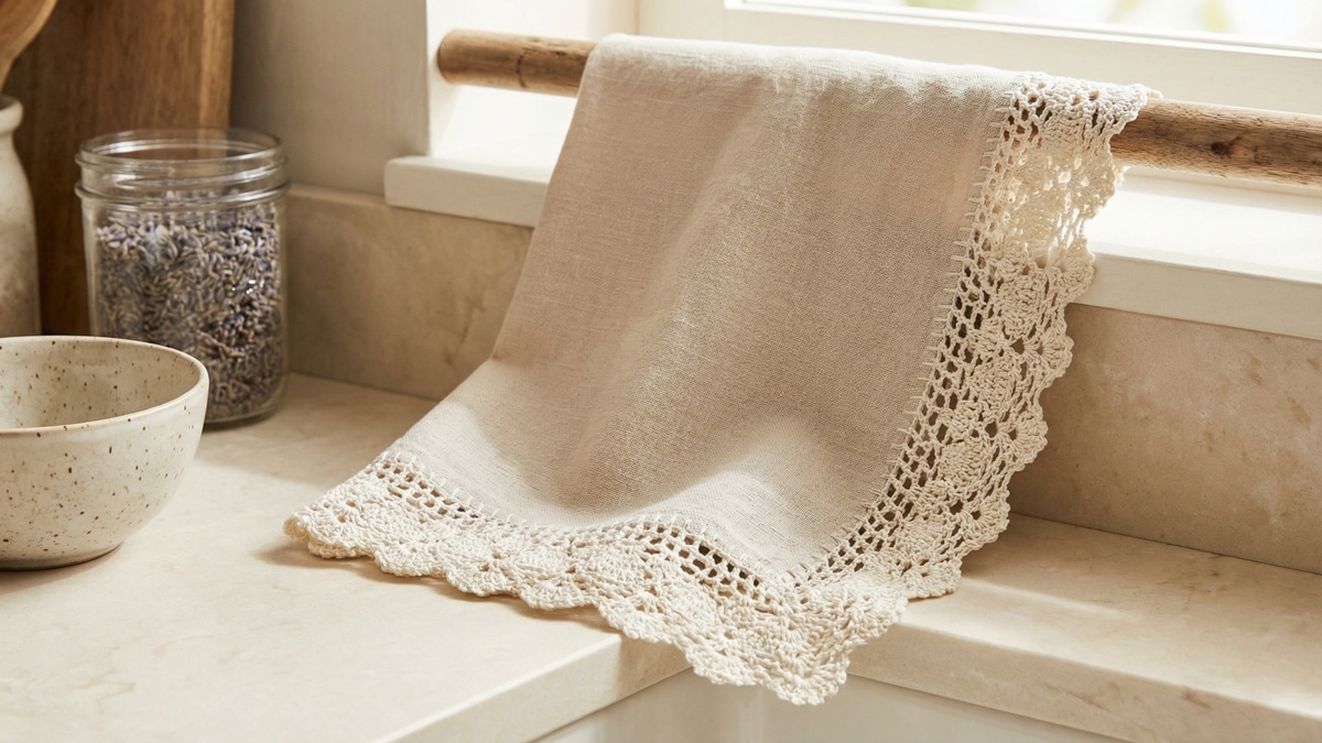 Cozinha elegante com pano de prato claro decorado com barrado de crochê off-white