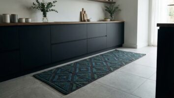 Cozinha contemporânea com tapete geométrico de crochê em tons escuros ao longo da bancada