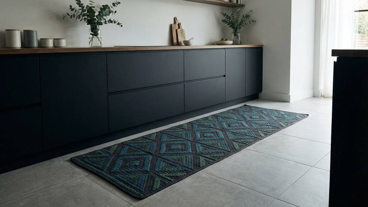 Cozinha contemporânea com tapete geométrico de crochê em tons escuros ao longo da bancada