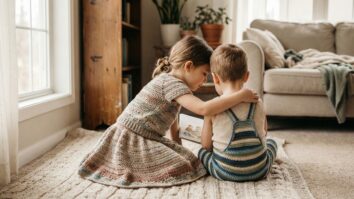 Crianças usando conjuntinhos de crochê artesanal em sala de casa aconchegante