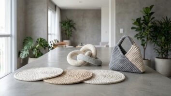 Peças de crochê moderno em fio náutico e malha, incluindo bolsa geométrica e sousplats, em ambiente sofisticado.