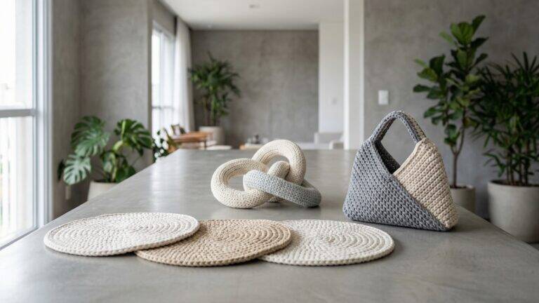 Peças de crochê moderno em fio náutico e malha, incluindo bolsa geométrica e sousplats, em ambiente sofisticado.