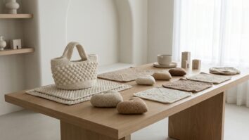 Curadoria de peças de crochê moderno em tons neutros incluindo bolsa, sousplats e squares sobre superfícies claras