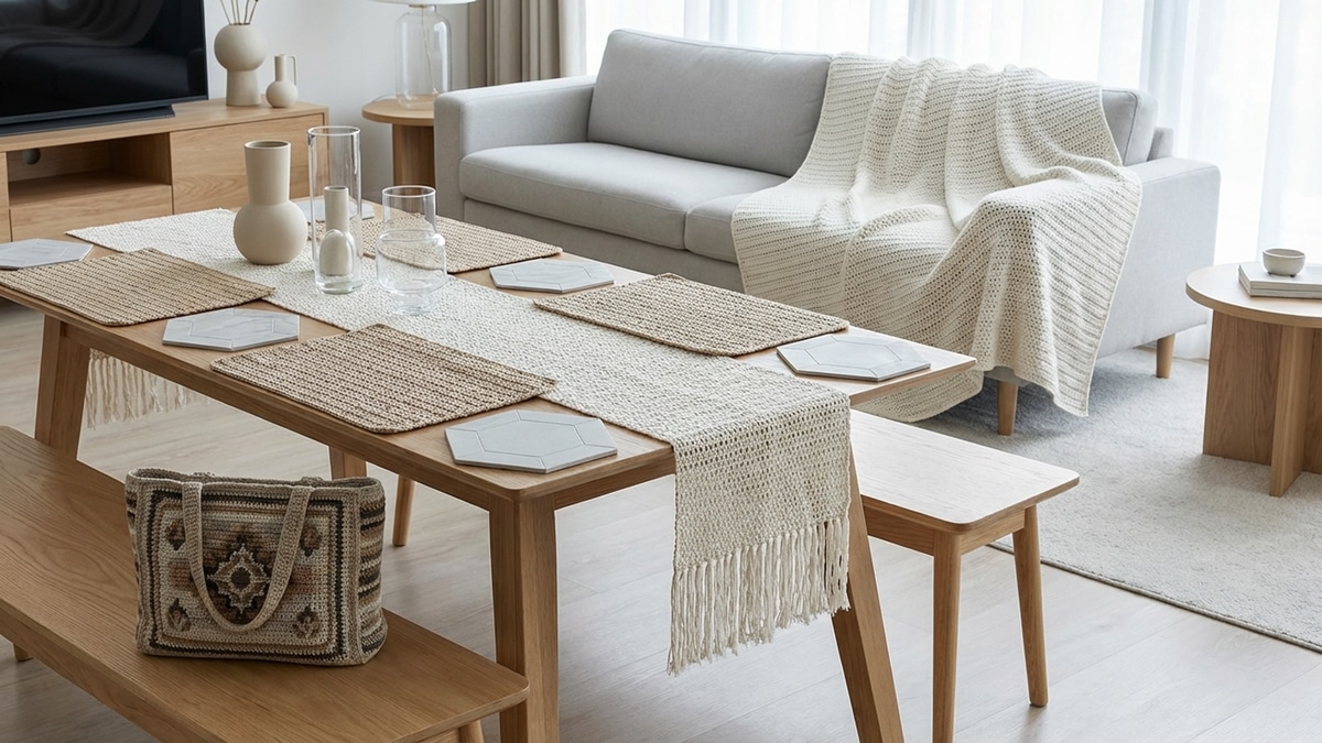 Ambiente integrado com mesa posta e salaadas com múltiplas peças de crochê moderno em tons neutros