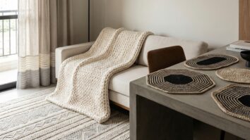 Ambiente com decoração de crochê moderno incluindo manta, sousplats, tapete e cortina em tons neutros