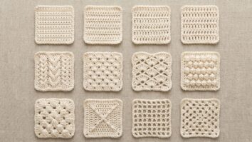 Doze amostras quadradas de diferentes pontos de crochê organizadas em grid sobre superfície neutra