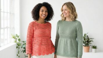 Duas mulheres sorrindo lado a lado usando blusas artesanais, umaheres sorrindo lado a lado usando blusas artesanais, uma de crochê coral e outra de tricô verde