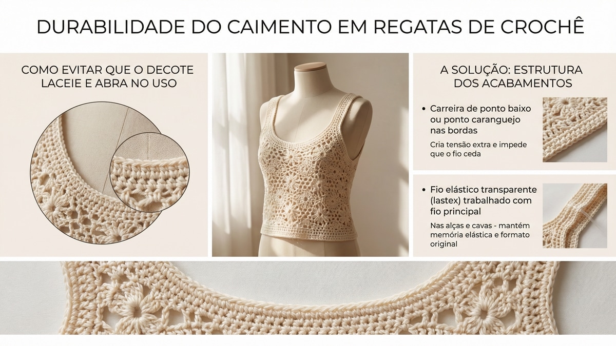Infográfico sobre durabilidade de regatas de crochê com técnicas de acabamento