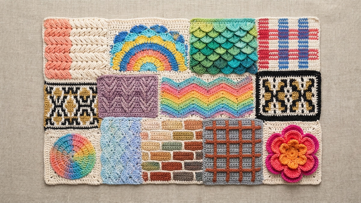 Composição flat lay com amostras de pontos de crochê vibrantes em cores vivas sobre fundo neutro