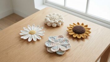 Conjunto de flores de crochê artesanal em fio de algodão cru e cores suaves exibidas sobre madeira clara, com variedade de estilos: flor com borda picô, miolo volumoso em pipoca, efeito aquarela e girassol com miolo escuro.