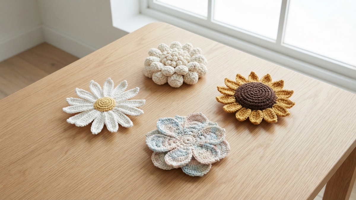 Conjunto de flores de crochê artesanal em fio de algodão cru e cores suaves exibidas sobre madeira clara, com variedade de estilos: flor com borda picô, miolo volumoso em pipoca, efeito aquarela e girassol com miolo escuro.