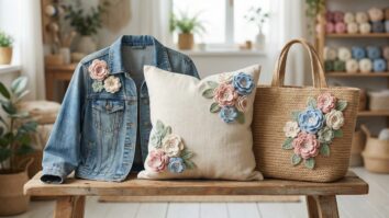 Jaqueta jeans, almofada e bolsa decoradas com flores de crochê dispostas juntas em ambiente iluminado e harmonioso.