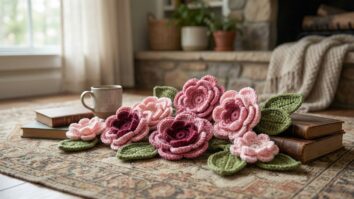 Arranjo decorativo de flores e folhas de crochê em tons de rosa e verde sobre tapete em ambiente aconchegante.