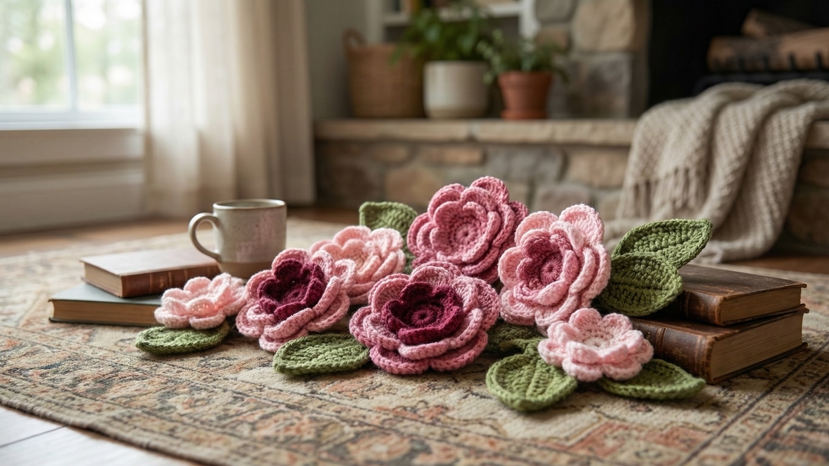 Arranjo decorativo de flores e folhas de crochê em tons de rosa e verde sobre tapete em ambiente aconchegante.