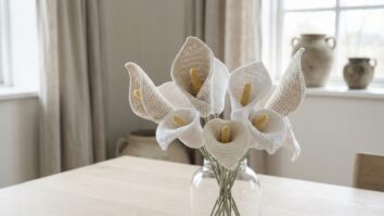Flores copo de leite de crochê brancas em vaso de vidro sobre mesa de madeira